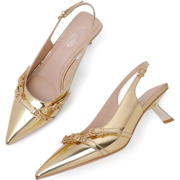 Women's Gold Pointed Toe Pumps Patent Leather Slingback Heels With Buckle - Picture 6 of 9